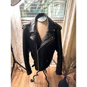 VTG Black Leather Motorcycle Jacket  Silver Hardware & Multiple Zippers
